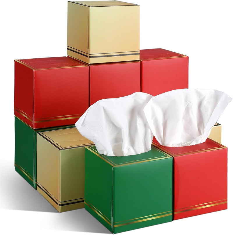 Fourluoo 12 Pack Facial Tissues Cube Boxes Face Box 600 Sheets 3 Ply Soft Paper Square Tissues Bulk for Car Pocket Toilet Household Bedroom Family(Red Green Gold) - Image 1